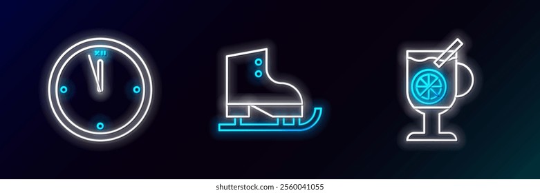 Set line Mulled wine with glass of drink, Clock and Figure skates icon. Glowing neon. Vector