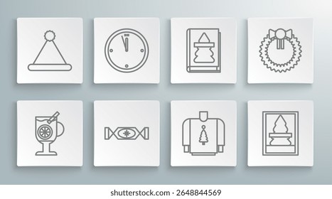 Set line Mulled wine with glass of drink, Clock, Candy, Christmas sweater, postcard, book, wreath and Santa Claus hat icon. Vector