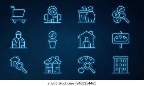 Set line Multi storey building, Donation food, Trash can, money, Homeless, Shopping cart, Shelter for homeless and cardboard house icon. Vector