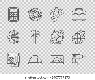 Set line Multimeter, Electric drill machine, Wrench spanner and gear, Worker safety helmet, Calculator, Calliper caliper scale, Laptop and Globe of the Earth icon. Vector