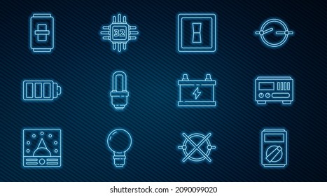 Set line Multimeter, Electrical measuring instruments, light switch, LED bulb, Battery charge level indicator, Car battery and Processor with microcircuits CPU icon. Vector