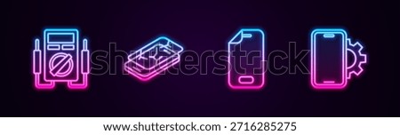 Set line Multimeter, Mobile with broken screen, Glass protector and Phone repair service. Glowing neon icon. Vector