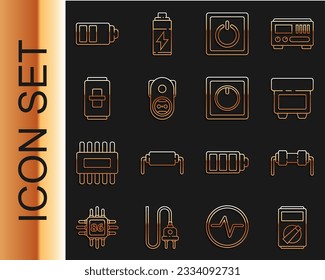 Set-Line-Multimeter, Resistor-Strom, Sicherung, Elektrischer Lichtschalter, elektrische Steckdose, Batterieaufladeanzeiger und Icon. Vektorgrafik