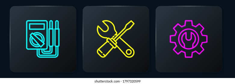 Set line Multimeter, Wrench spanner and gear and Screwdriver wrench. Black square button. Vector