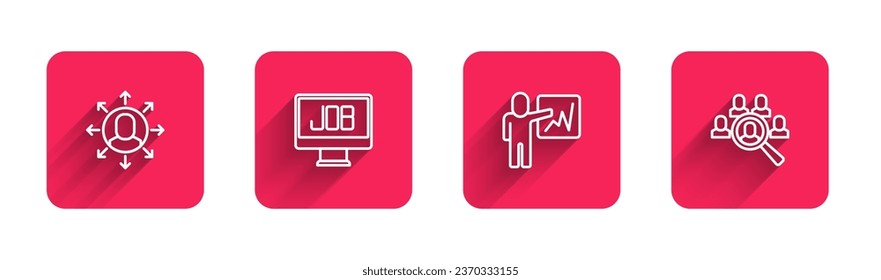 Set line Multitasking manager working, Search job, Leader of team of executives and Magnifying glass for search with long shadow. Red square button. Vector