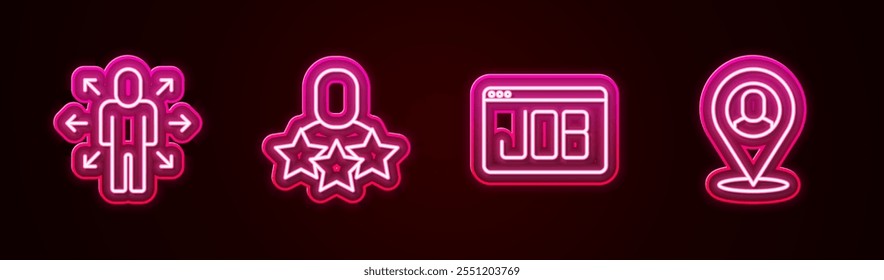 Set line Multitasking manager working, Productive human, Search job and Worker location. Glowing neon icon. Vector