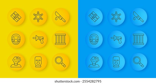 Set line Murder, Doctor pathologist, Police megaphone, Magnifying glass with search, Prison window, Stacks paper money cash, Bloody knife and Hexagram sheriff icon. Vector