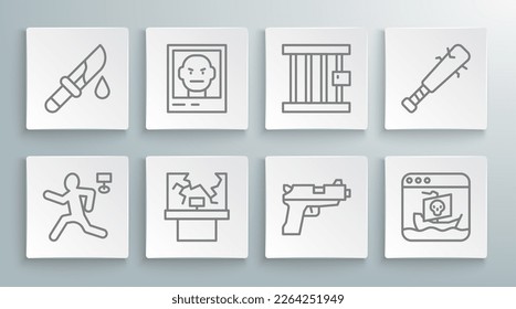 Fijar la línea Asesino, Afiche Buscado, Ventana rota, Pistol o pistola, piratería en Internet, Prisión, Bate de Béisbol con clavos e ícono de cuchillo Sangriento. Vector