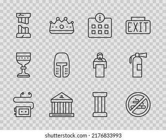 Fijar la línea de la guía de audio del Museo, Sin fumar, Información, edificio, Columna antigua rota, casco de hierro medieval, Icono del extintor antiguo y de extinción de incendios. Vector