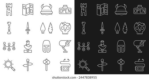 Guía de audio del museo, cámara de seguridad, cráneo humano roto, vikingo en casco con cuernos, daga, hueso roto humano, torre del castillo e icono de la cabeza de la flecha de la edad de piedra. Vector