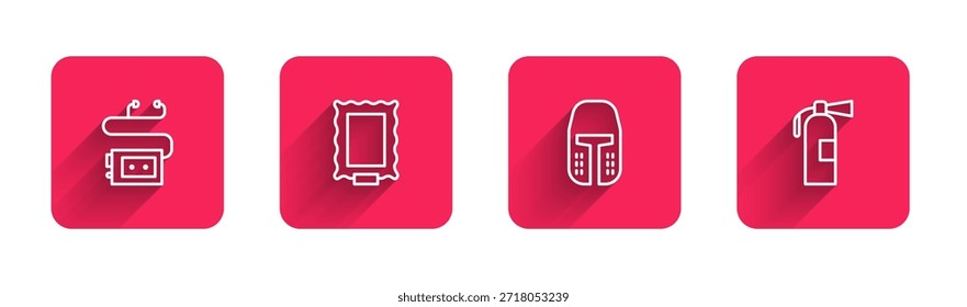 Audioguía del Museo, Cuadro, Casco de hierro medieval y Extintor de fuego con sombra larga. Botón cuadrado rojo. Vector