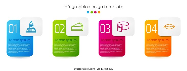 Set line Museum building, Cherry cheesecake slice, Cheese and Smiling lips. Business infographic template. Vector
