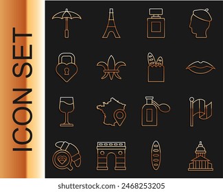 Set line Museum building, Flag France, Smiling lips, Perfume, Fleur De Lys, Castle the shape of heart, Umbrella for beach and French baguette bread icon. Vector