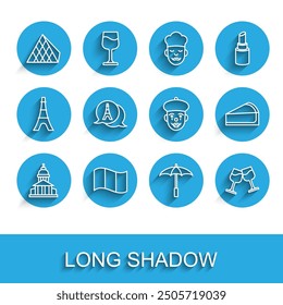 Set line Museum building, Flag France, Louvre glass pyramid, Umbrella for beach, Wine, Eiffel tower, Cherry cheesecake slice and French mime icon. Vector
