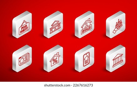 Set line Museum building, House, Hanging sign with text Sold, Skyscraper, Online real estate house, For Rent, percant discount and  icon. Vector