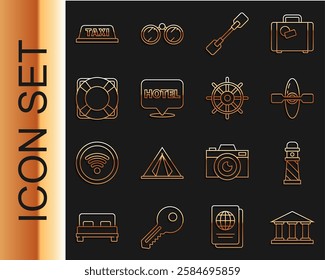 Set line Museum building, Lighthouse, Kayak or canoe, Paddle, Location hotel, Lifebuoy, Taxi car roof and Ship steering wheel icon. Vector