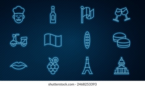 Decoración del edificio del museo, galleta Macaron, bandera de Francia, scooter, cocinero, pan baguette francés e icono de botella de champán. Vector