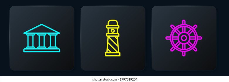 Set line Museum building, Ship steering wheel and Lighthouse. Black square button. Vector