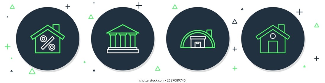 Set line Edificio del museo, Almacén, Casa con el descuento y el icono pertinentes. Vector