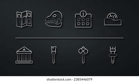 Set line Museum guide brochure, building, Human skull, Stone age hammer, Paint brush, Dinosaur, Torch flame and Information icon. Vector