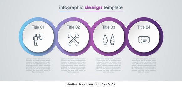 Set line Museum guide, Crossed human bones, Stone age arrow head and ticket. Business infographic template. Vector