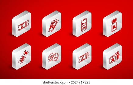 Set line Museum ticket, Bus, Online hotel booking, Airline, Translator and Ticket icon. Vector