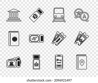 Set line Museum ticket, Cover book travel guide, Train, Airline, building, Online hotel booking and  icon. Vector