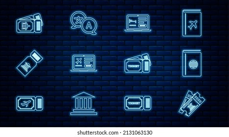 Set line Museum ticket, Cover book travel guide, Online hotel booking, Laptop with, Airline, Ticket and Translator icon. Vector