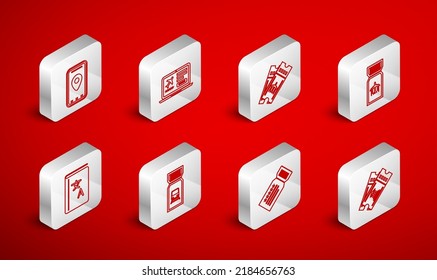 Set line Museum ticket, Laptop with, Airline, Ticket, Infographic of city map, Train and Translator book icon. Vector