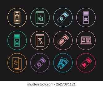 Set line Museum ticket, Laptop with, Airline, Translator book, Train, Online car sharing, Ticket and Cover travel guide icon. Vector