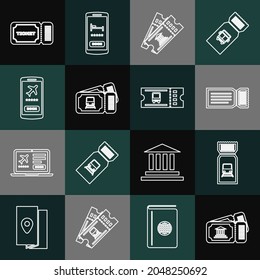 Fija la línea de boleto del Museo, tren, boleto, móvil con e icono del bus. Vector