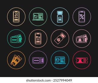 Set line Boleto de museo, Tren, Reserva de hotel en línea, Boleto, Móvil con, Aerolínea e icono. Vector