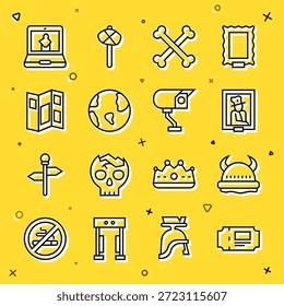 Set line Boleto de museo, Vikingo en casco con cuernos, museo de retrato, huesos humanos cruzados, globo terráqueo, folleto de guía, icono de cámara en línea y de seguridad. Vector