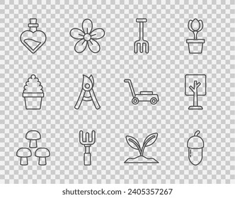 Set line Mushroom, Acorn, Garden rake, Bottle with love potion, Gardening handmade scissors, Sprout and Forest icon. Vector