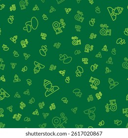 Set line Mushroom, Autumn clothes and Tractor on seamless pattern. Vector