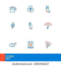 Set line Mushroom, Calendar with autumn leaves, Roasted turkey or chicken, Umbrella, Leaf, Kite, Socks and Clover icon. Vector