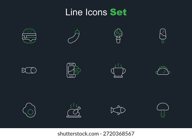 Set line Champiñón, Pescado, Pavo asado o pollo, Huevo revuelto, Taco con tortilla, Cuenco de sopa caliente, Pedido de comida en el móvil y salchicha icono. Vector