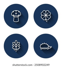 Set line Mushroom, Four leaf clover, Leaf and Hedgehog with long shadow. Blue circle button. Vector