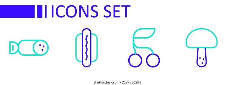 Set line Mushroom, Fresh berries, Hotdog and Salami sausage icon. Vector