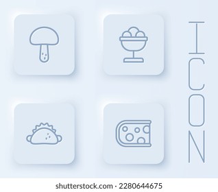 Set line Mushroom, Ice cream in the bowl, Taco with tortilla and Cheese. White square button. Vector