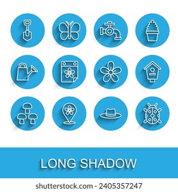 Set line Mushroom, Location with flower, Shovel, Gardener worker hat, Ladybug, Calendar, Bird house and Flower icon. Vector