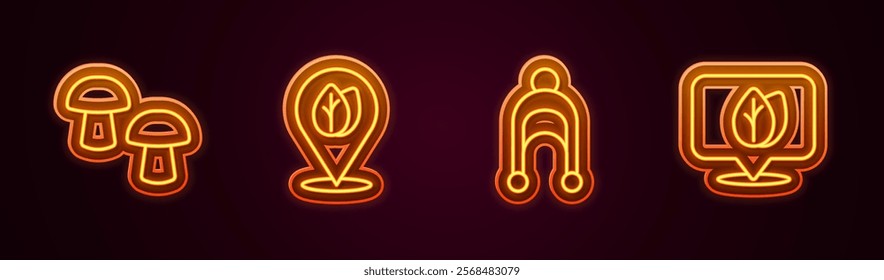 Set line Mushroom, Location with leaf, Winter hat and . Glowing neon icon. Vector