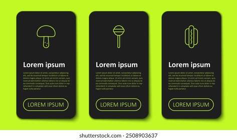 Set line Mushroom, Lollipop and Hotdog. Business infographic template. Vector