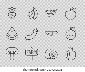 Set line Mushroom, Pomegranate, Peas, Location farm, Turnip, Eggplant, Kiwi fruit and Orange icon. Vector