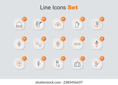 Set line Mushroom, Pumpkin, Socks, Leaf, Four leaf clover, Corn, Homemade pie and  icon. Vector