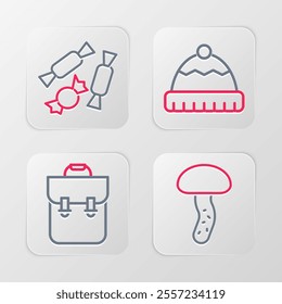 Set line Mushroom, School backpack, Winter hat and Candy icon. Vector