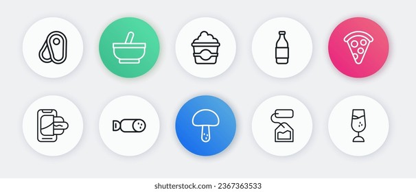 Set line Mushroom, Slice of pizza, Food ordering on mobile, Tea bag, Bottle wine, Popcorn cardboard box, Wine glass and Salami sausage icon. Vector