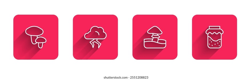 Definir linha Cogumelo, Tempestade e Jam jar com sombra longa. Botão quadrado vermelho. Vetor
