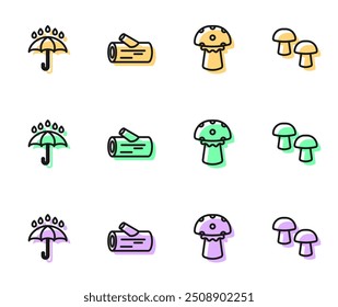 Set line Mushroom, Umbrella and rain drops, Wooden log and  icon. Vector