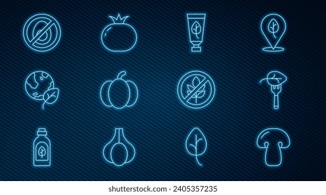 Set line Mushroom, Vegan food diet, Organic cosmetic, Pumpkin, Earth globe and leaf, No meat, Gluten free grain and Tomato icon. Vector